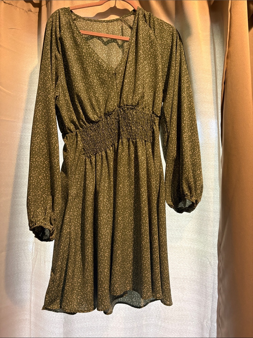 Girls' Olive Green Long Sleeve Smocked Waist Dress